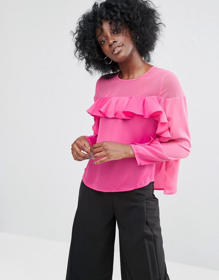 Asos Ruffle Top In Satin With Sheer Panel - Pink