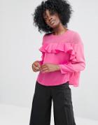 Asos Ruffle Top In Satin With Sheer Panel - Pink