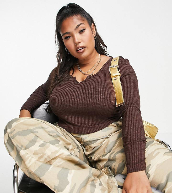 Asos Design Curve Long Sleeve Top With Notch Neck In Rib In Brown Heather