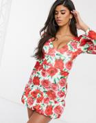 Asos Design Long Sleeve Plunge Rose Print Bubble Hem Bodycon Mini Dress-multi