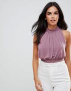 Love High Neck Pleated Top With Tie Back - Purple