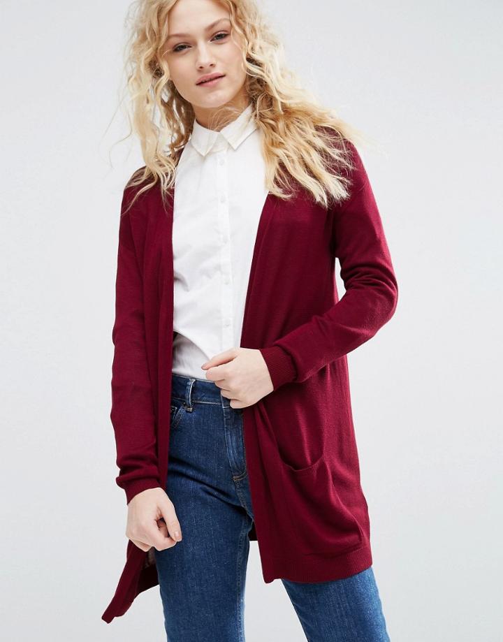 Asos Cardigan In Fine Knit In Soft Yarn - Red