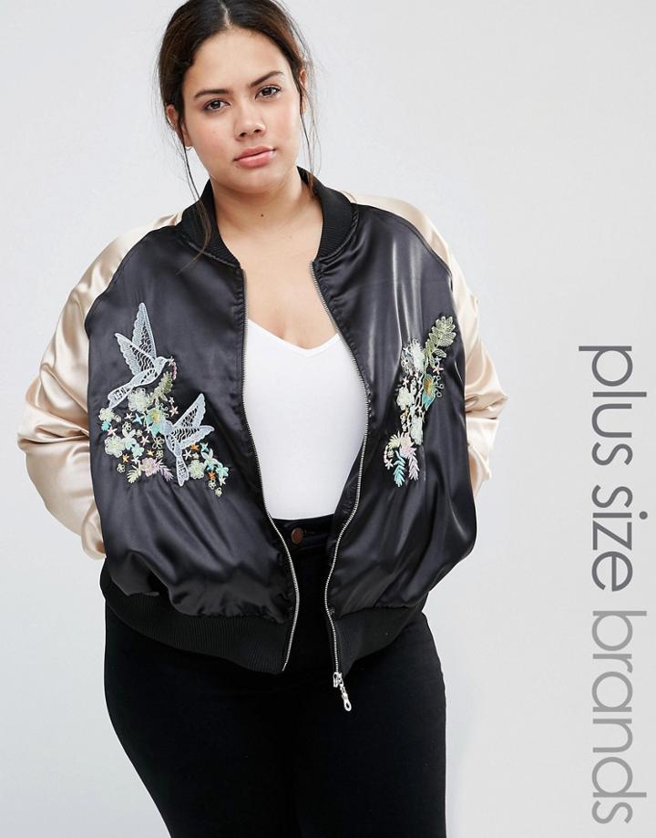 Brave Soul Plus Bomber Jacket With Contrast Sleeves And Embroidery - Black