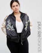 Brave Soul Plus Bomber Jacket With Contrast Sleeves And Embroidery - Black