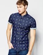 Asos Skinny Denim Shirt With Circular Print In Short Sleeve - Blue