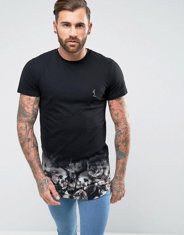 Religion Longline T-shirt With Floral Skull Dip Dye Printed Hem - Black