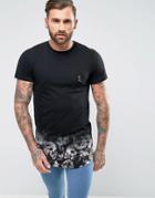 Religion Longline T-shirt With Floral Skull Dip Dye Printed Hem - Black