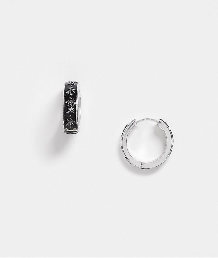 Asos Design Hoop Earrings With Chinese Characters In Burnished Silver Tone