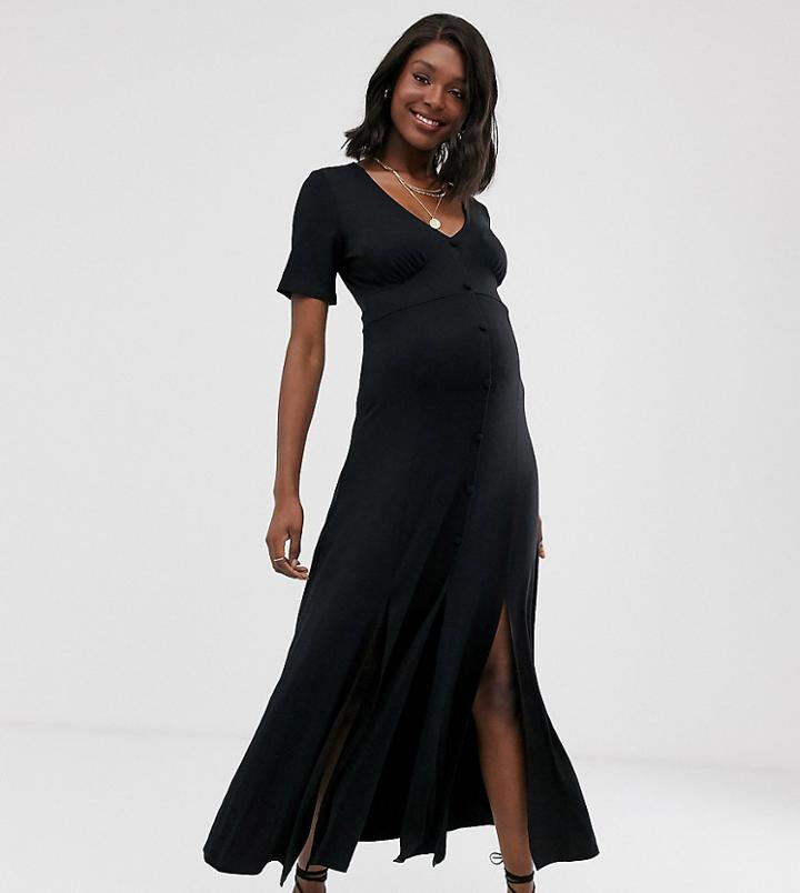 Asos Design Maternity Button Through Maxi Tea Dress With Splits-black