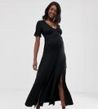 Asos Design Maternity Button Through Maxi Tea Dress With Splits-black
