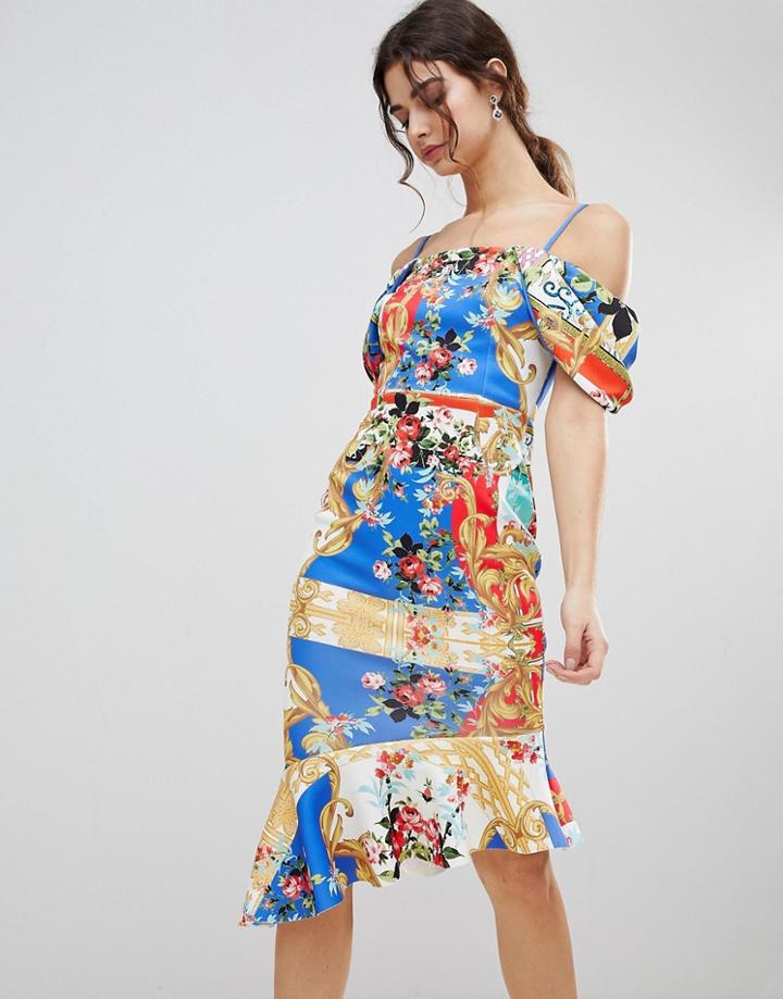 Asos Design Scuba Cold Shoulder Printed Trophy Square Neck Midi Dress - Multi