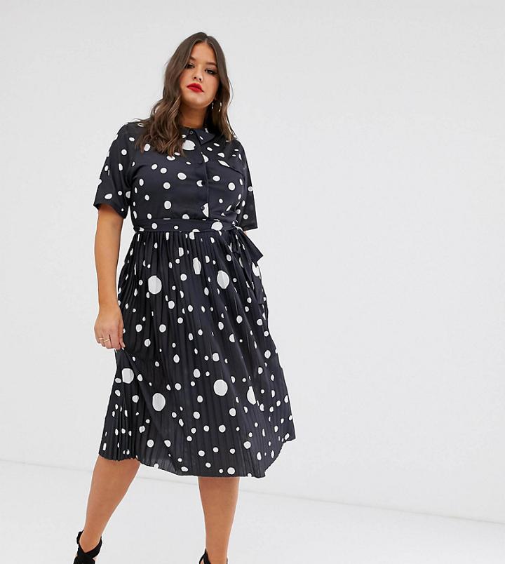 Asos Design Curve Midi Shirt Dress With Pleated Skirt And Belt In Polka Dot - Multi