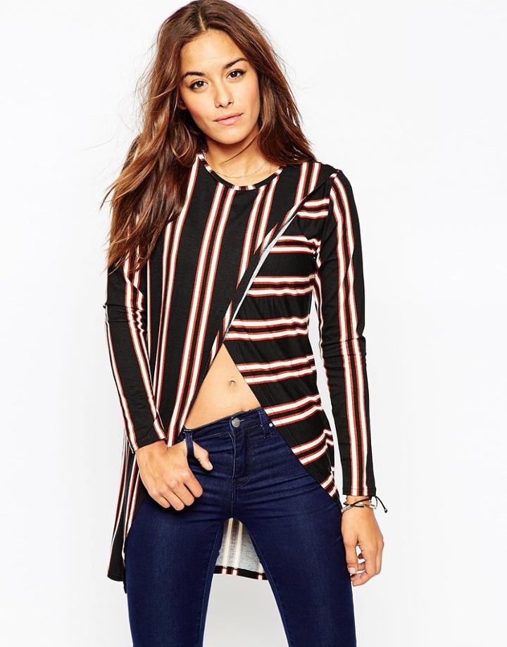 Asos Wrap Front Longline Top In Stripe - Black