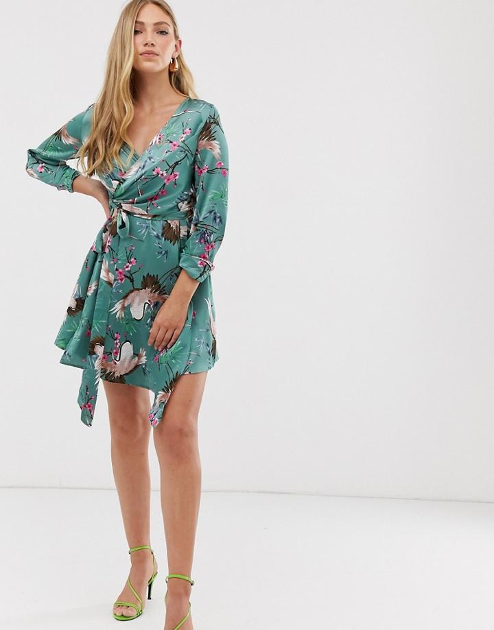 Liquorish Wrap Dress In Heron Print-green