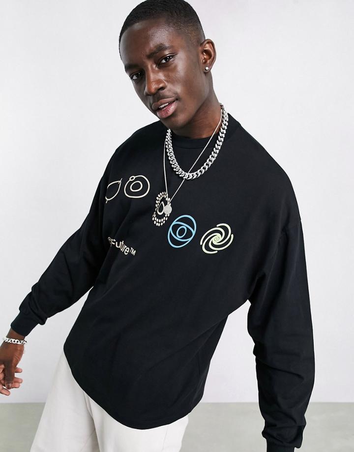 Asos Dark Future Oversized Long Sleeve T-shirt With Logo Chest Print In Black
