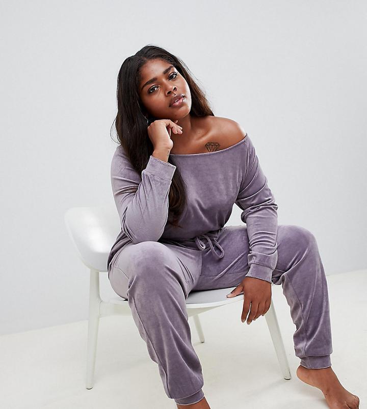 Asos Design Curve Lounge Velour Off Shoulder Sweat - Gray