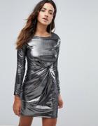 Miss Selfridge Knot Front Foil Mini Dress - Silver
