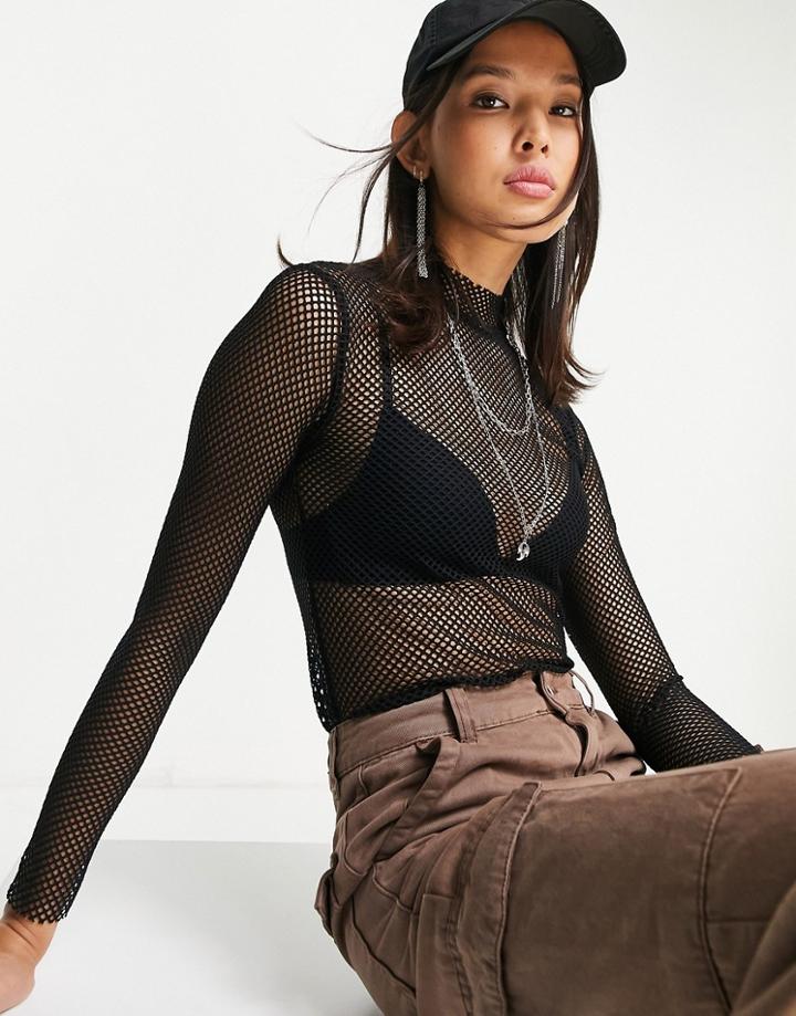 Topshop Long Sleeve Fishnet Top In Black