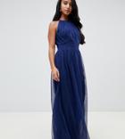 Little Mistress Petite High Neck Pleated Maxi Dress - Navy