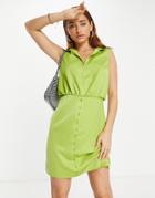 Lola May Button Detail Collared Mini Dress In Chartreuse-green