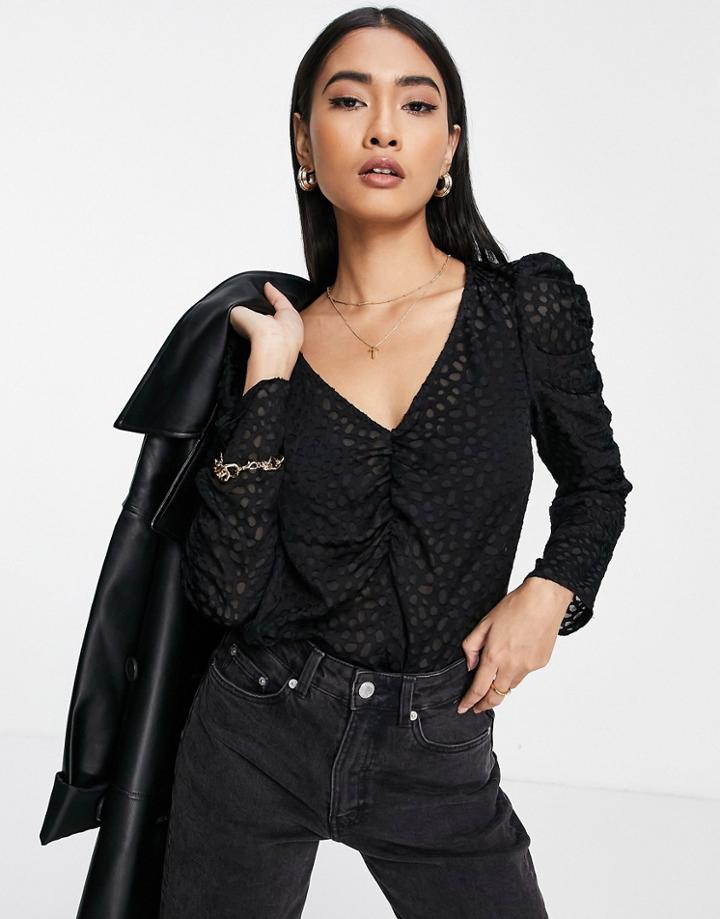 River Island Satin Dot Jacquard Ruched Sleeve Blouse In Black