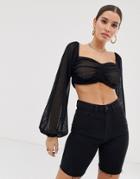 Asos Design Ruched Front Crop Top In Dobby Mesh With Blouson Sleeve - Black