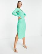 River Island Cut Out Ribbed Jersey Midi Dress In Green