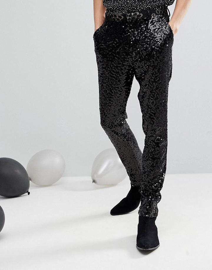 Asos Super Skinny Pants In Black Sequins With Gold Trims - Black