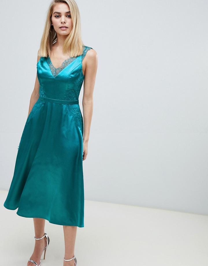 Little Mistress Lace Trim Slinky Midi Dress In Green