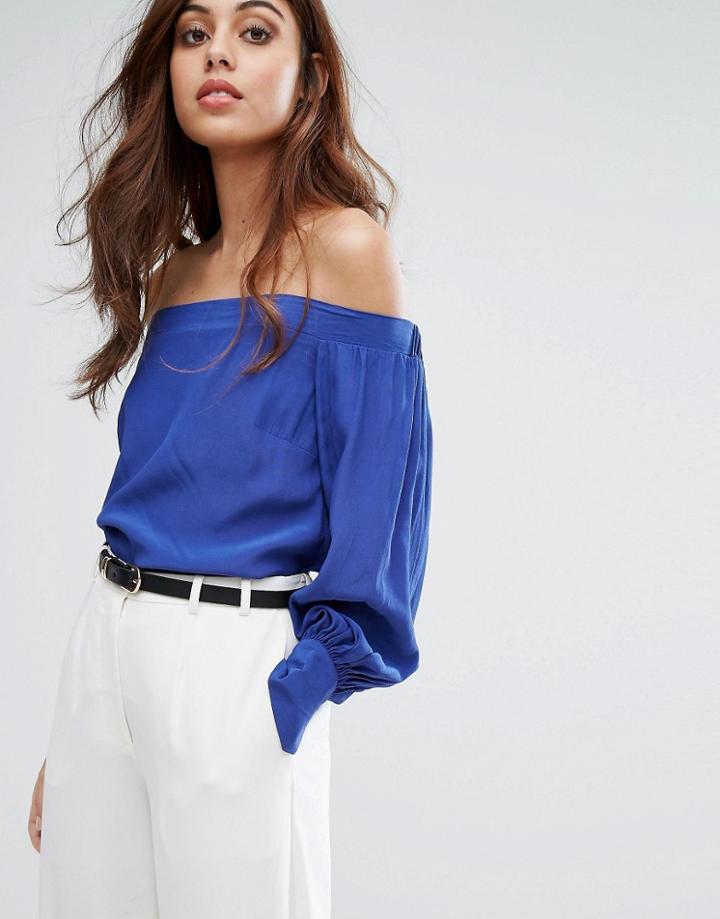 Warehouse Long Sleeve Bardot Top - Blue