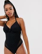 Pour Moi Fuller Bust Castaway Halter Underwired Swimsuit In Black Crochet