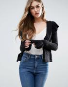 Asos Cardigan In Pointelle Stitch And Ruffle Sleeves - Black