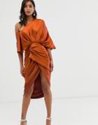 Asos Edition Drape Asymmetric Midi Dress In Satin - Orange