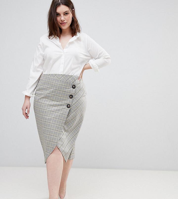 Asos Design Curve Tailored Midi Skirt In Check With Button Wrap Detail - Multi