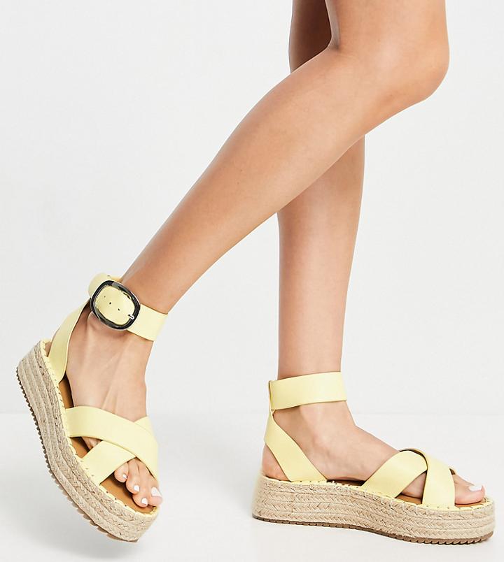 Asos Design Wide Fit Justice Flatform Espadrille Sandals In Pale Yellow