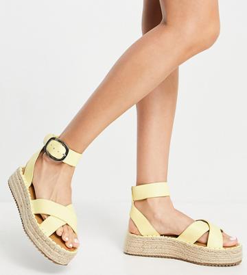 Asos Design Wide Fit Justice Flatform Espadrille Sandals In Pale Yellow