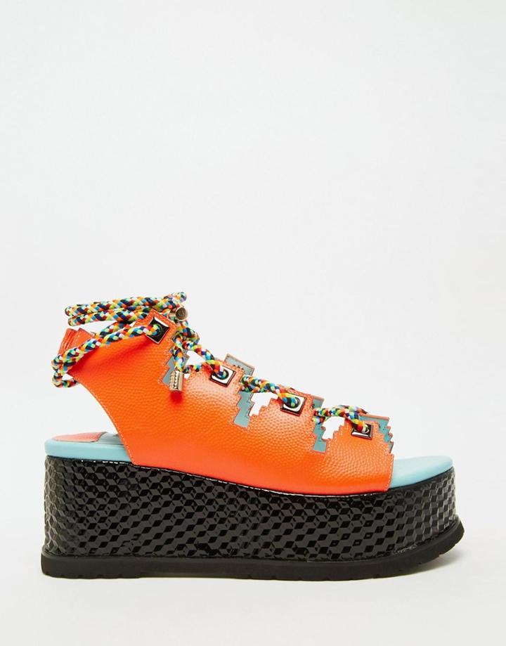 Kat Maconie Eva Vibrant Coral & Multi Lace Flatform Sandals - Vibrant Coral