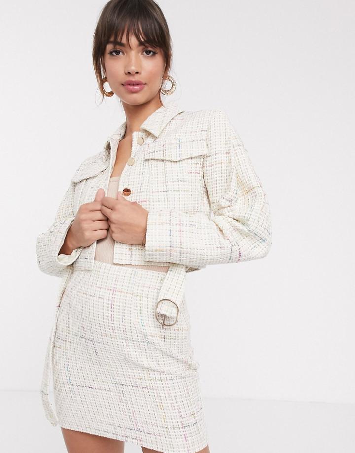 Asos Design Exaggerated Sleeve Boucle Suit Blazer With Pocket Detail-white