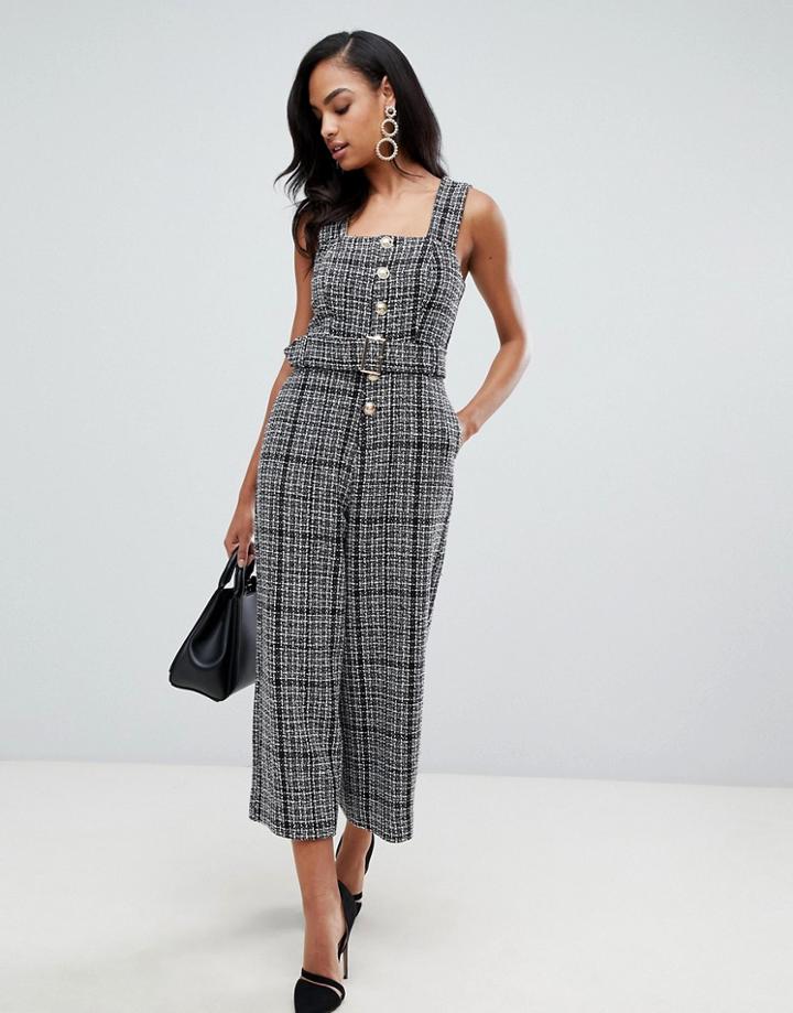 Asos Design Pinny Jumpsuit In Boucle With Gold Buttons-multi