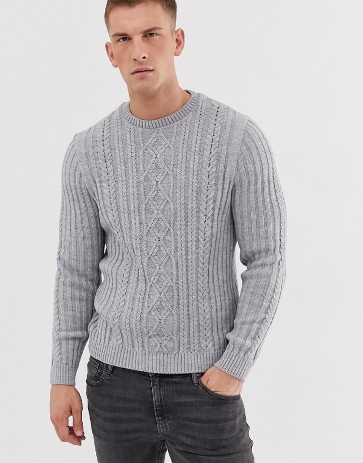 Asos Design Knitted Cable Knit Sweater In Light Gray Twist - Gray