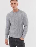 Asos Design Knitted Cable Knit Sweater In Light Gray Twist - Gray