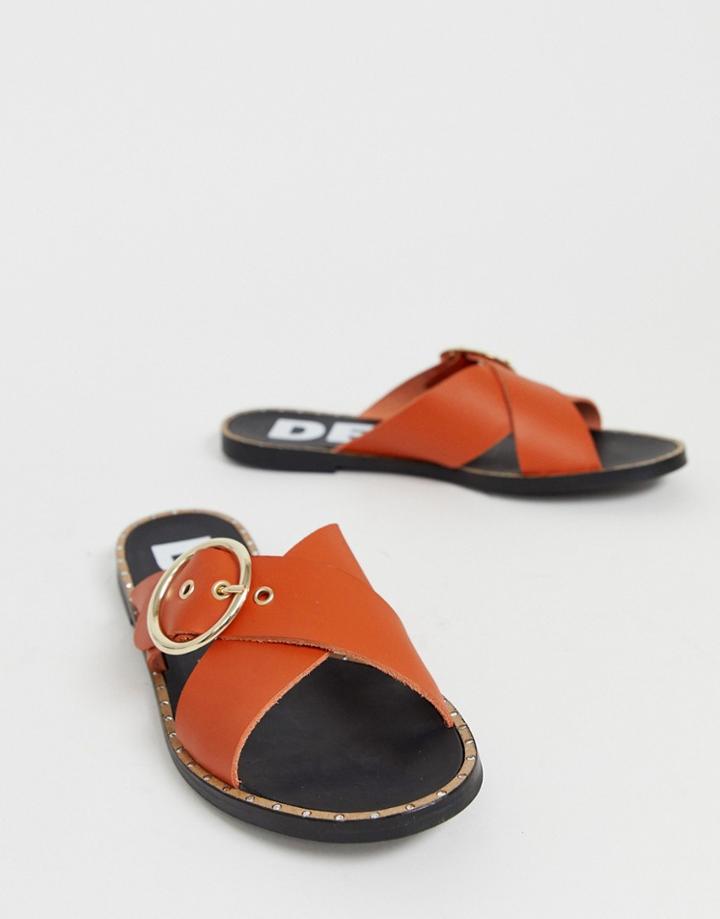 Depp Leather Buckle Open Toe Mules In Orange - Orange