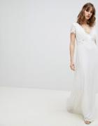 Amelia Rose Lace Plunge Front Maxi Dress With Embellished Waist - White