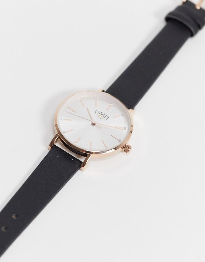 Limit Womens Faux Leather Watch In Black With Silver Sunray Dial