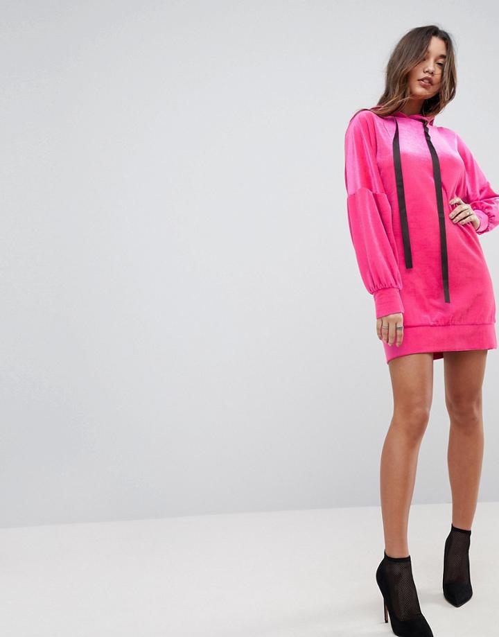 Asos Velvet Hoodie Dress With Contrast Ties-pink
