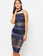 Missguided Mesh Embroidered Stripe Midi Dress - Blue