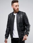 Asos Leather Bomber Jacket With Strap Detail In Black - Black