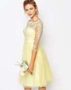 Chi Chi London Bardot Neck Midi Dress With Premium Lace And Tulle Skirt - Pastel Yellow