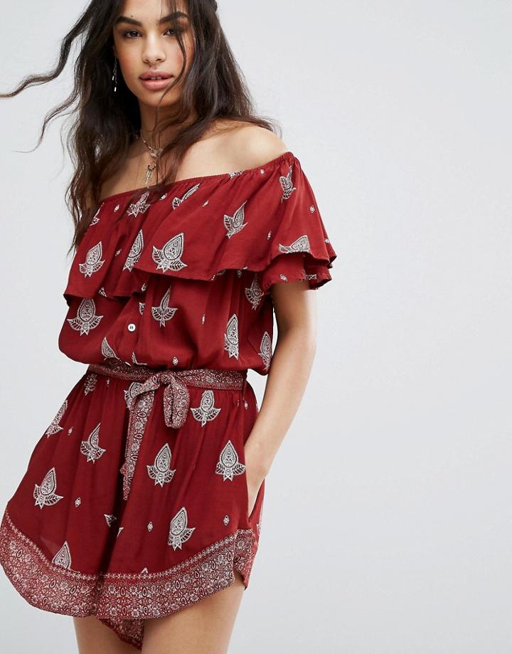Faithful Paisley Print Bardot Romper With Ruffle Detail - Red
