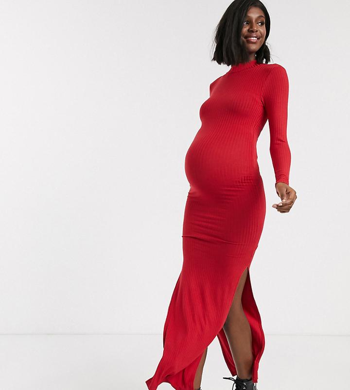 Urban Bliss Maternity High Neck Fitted Maxi Dress With Side Splits-red